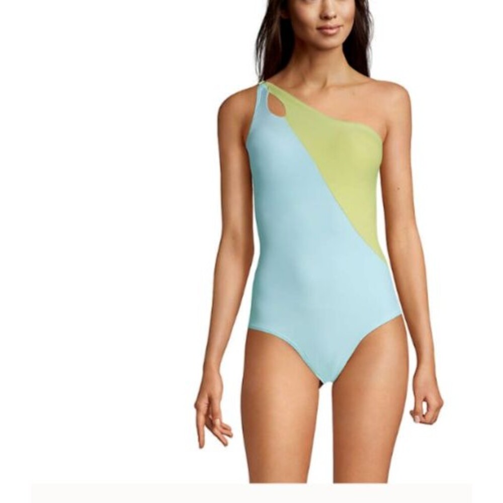 new $100 Lands End swimsuit Chlorine Resistant Tummy Control 1 Shoulder 18 aqua